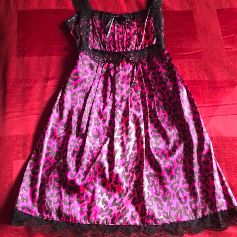 Betsey Johnson Pink and Black Leopard Satin Midi Dress